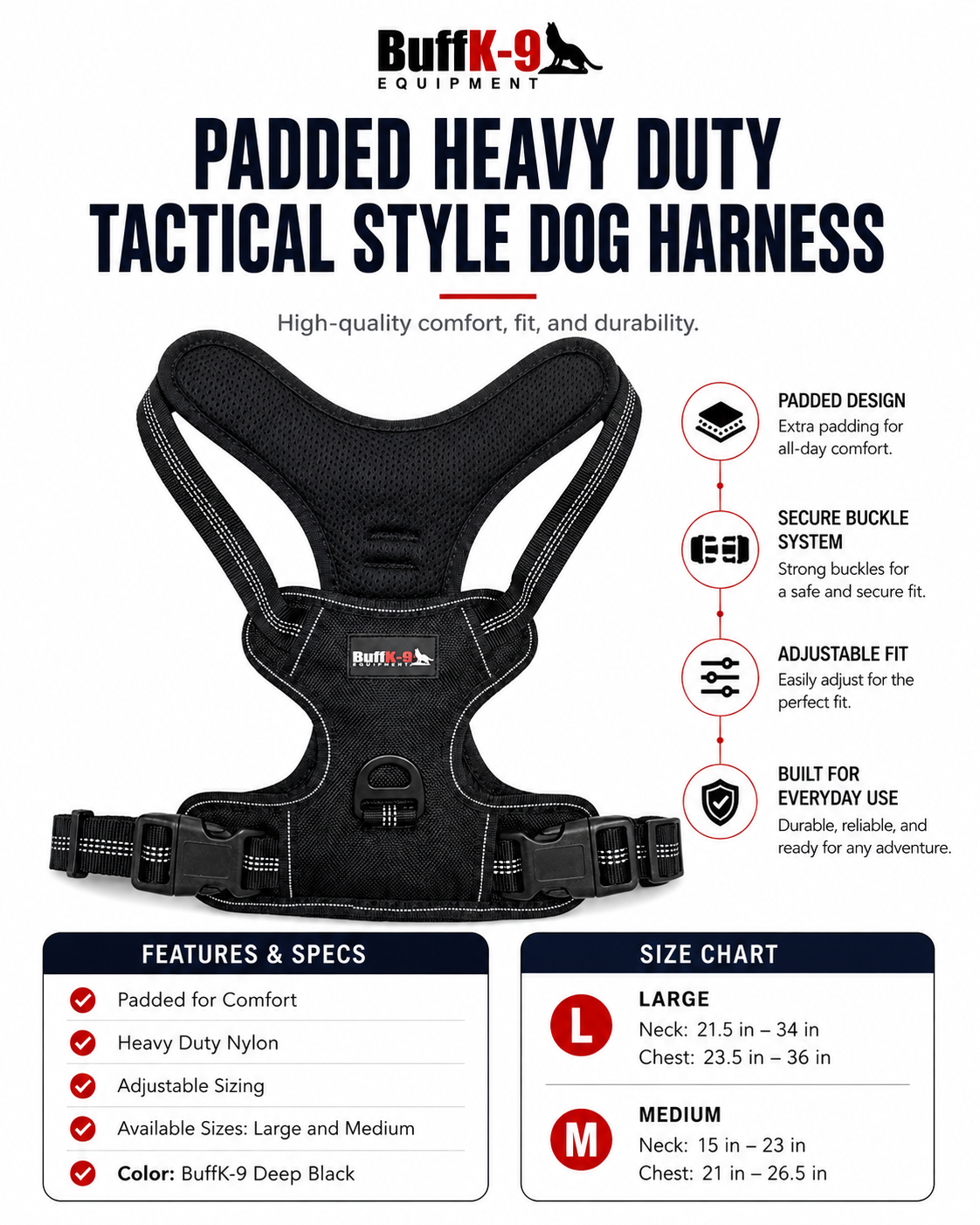 Padded Heavy Duty Tactical Style Dog Harness - BuffK-9