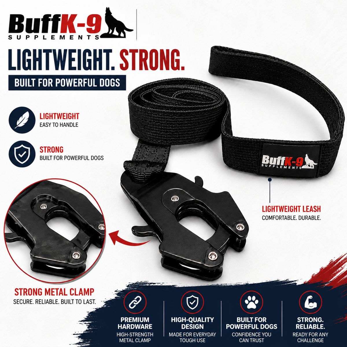 Heavy Duty Tactical Big Dog Leash with Aircraft Grade Aluminum Clamp - BuffK-9