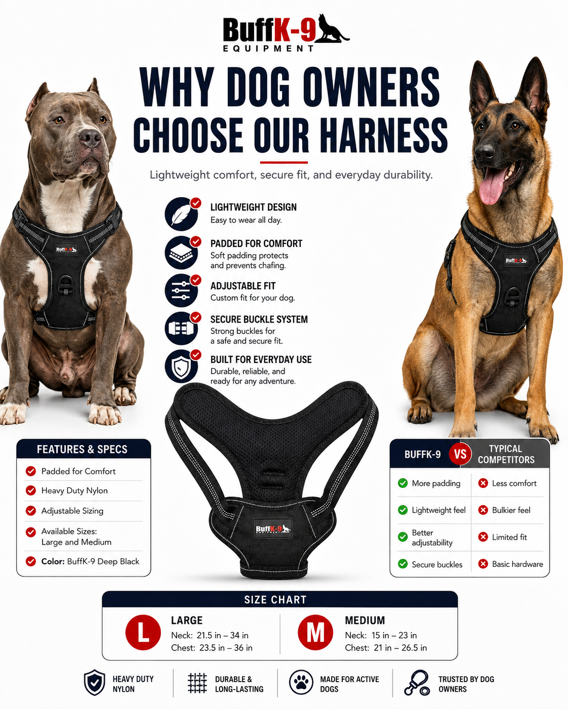 Padded Heavy Duty Tactical Style Dog Harness - BuffK-9